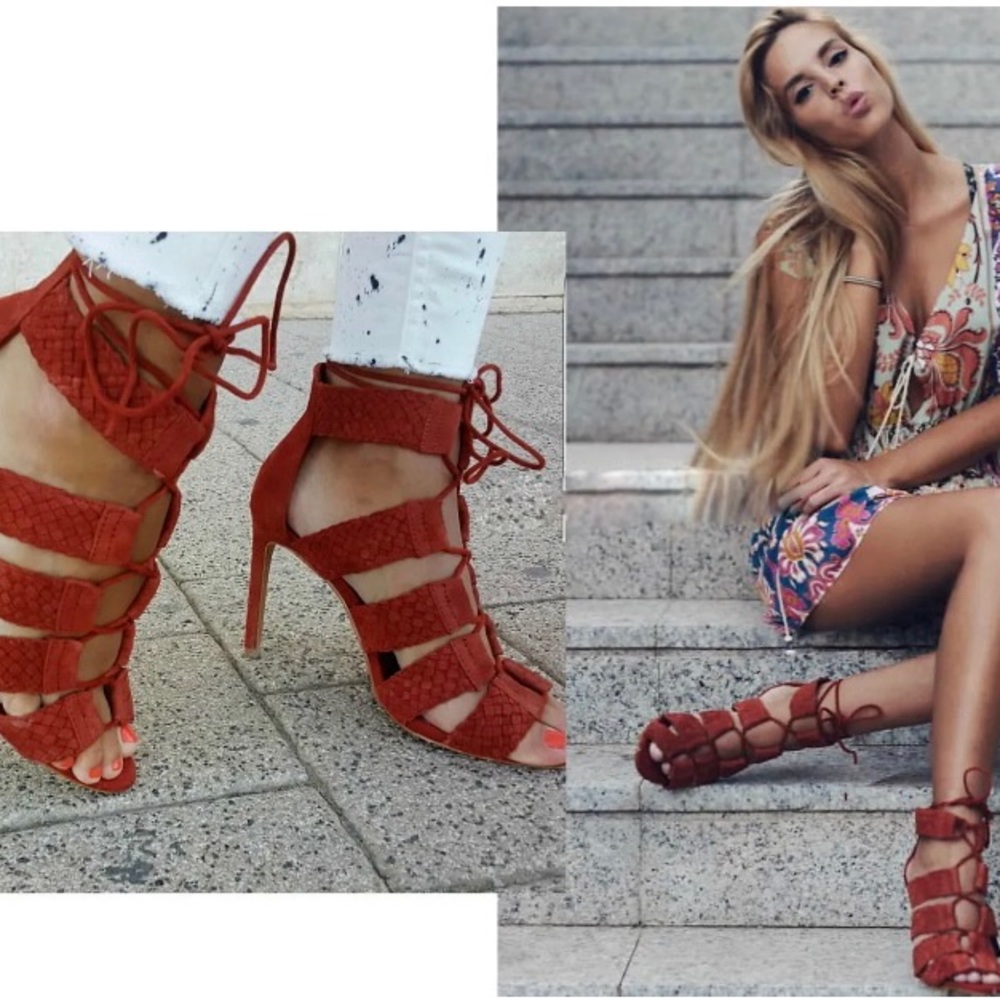 Zara Braided Lace Up Suede Stiletto Heels Tan Orange 40/9 Summer Bohemian